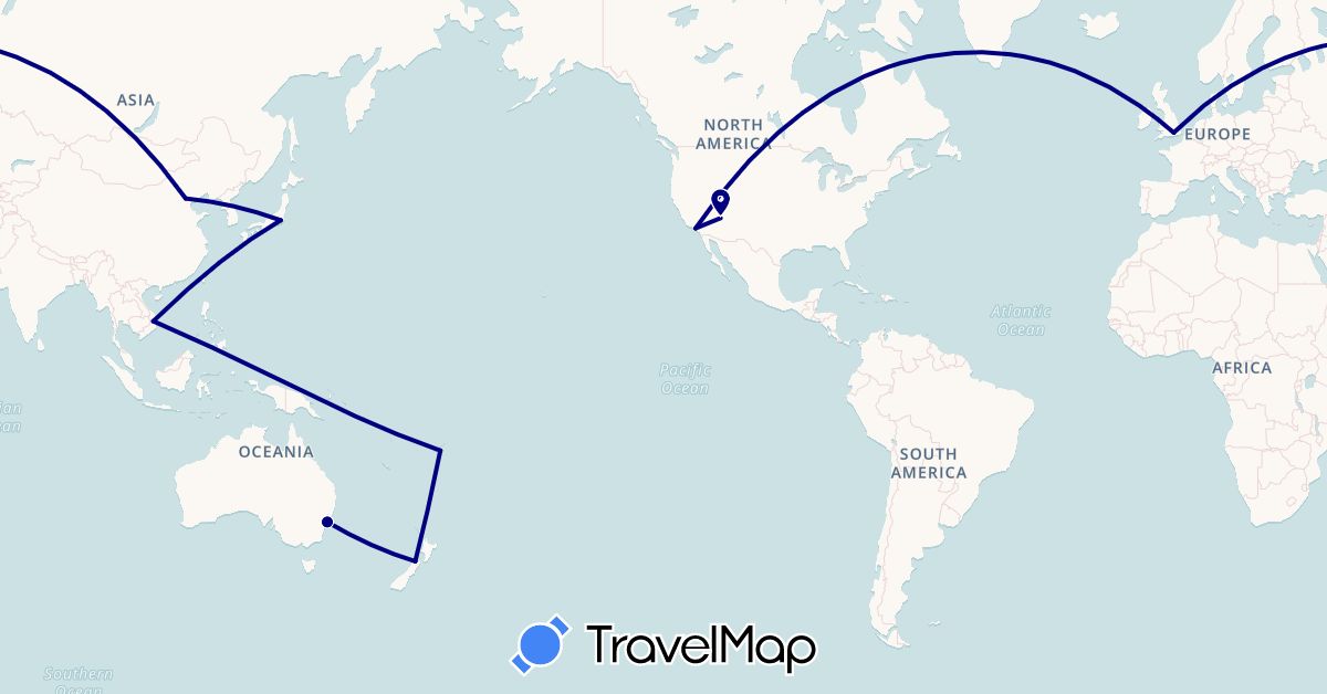 TravelMap itinerary: driving in Australia, China, Fiji, United Kingdom, Japan, New Zealand, United States, Vietnam (Asia, Europe, North America, Oceania)